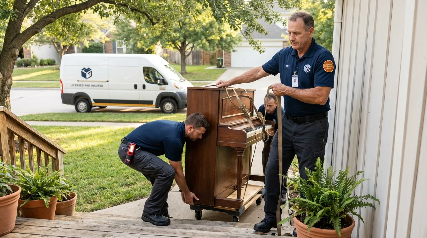 Licensed piano movers securing grand piano in Richland, GA