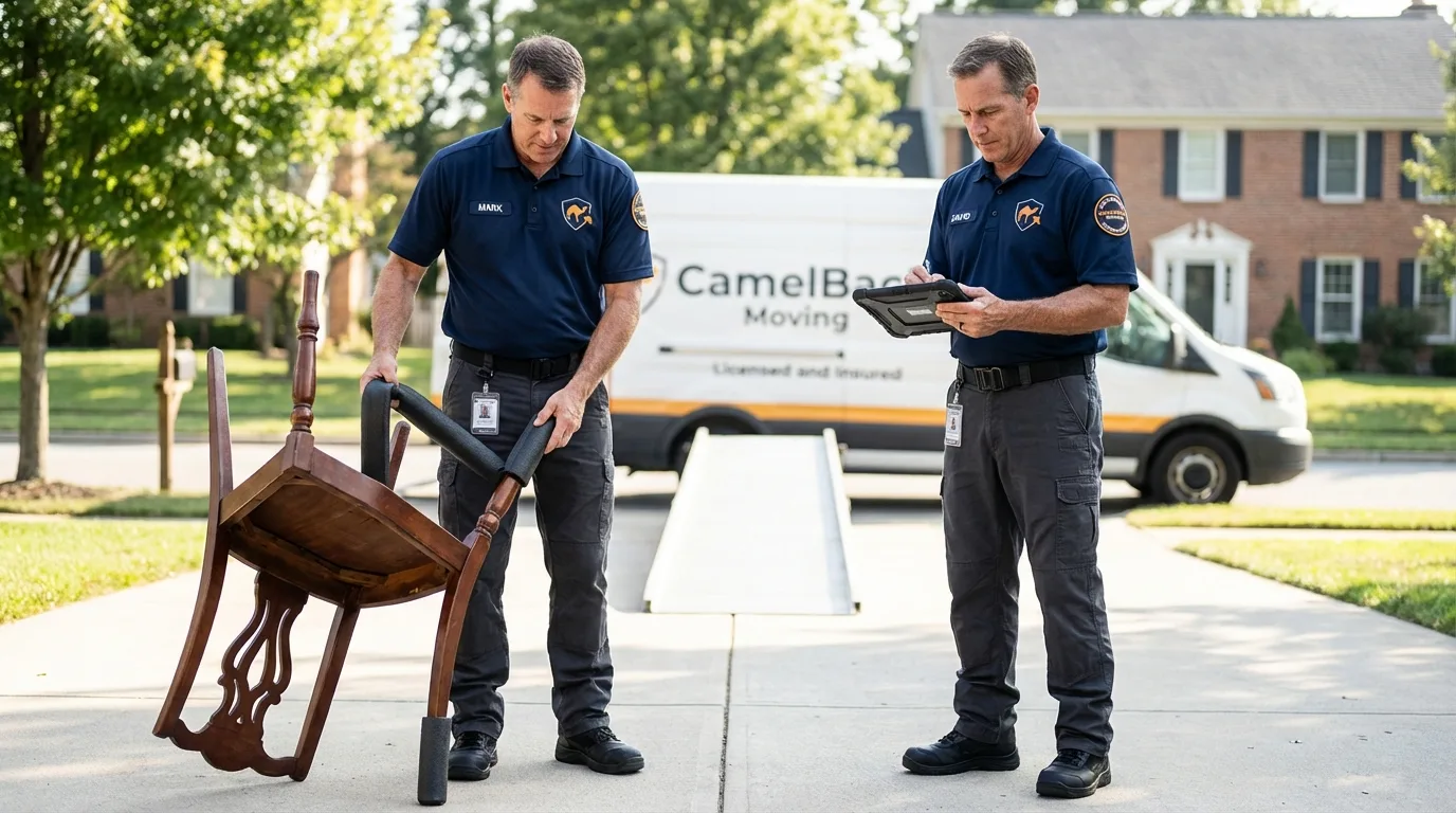 Movers inspecting furniture for damage prevention before loading in Richland, GA