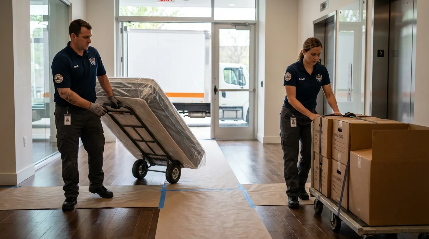 Professional apartment movers loading elevator in Richland, GA